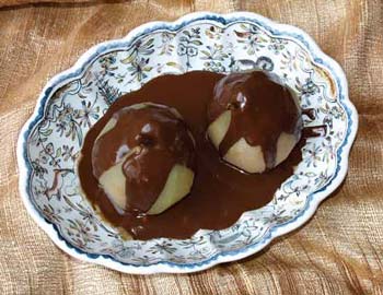 Pears with choc sauce