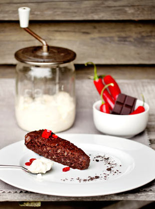 freefrom chocolate cake with black beans and chili